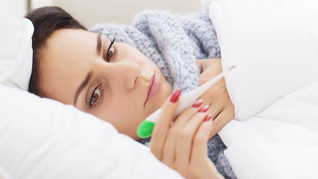 Fever And Cold. Portrait Of Beautiful Woman Caught Flu, Having H