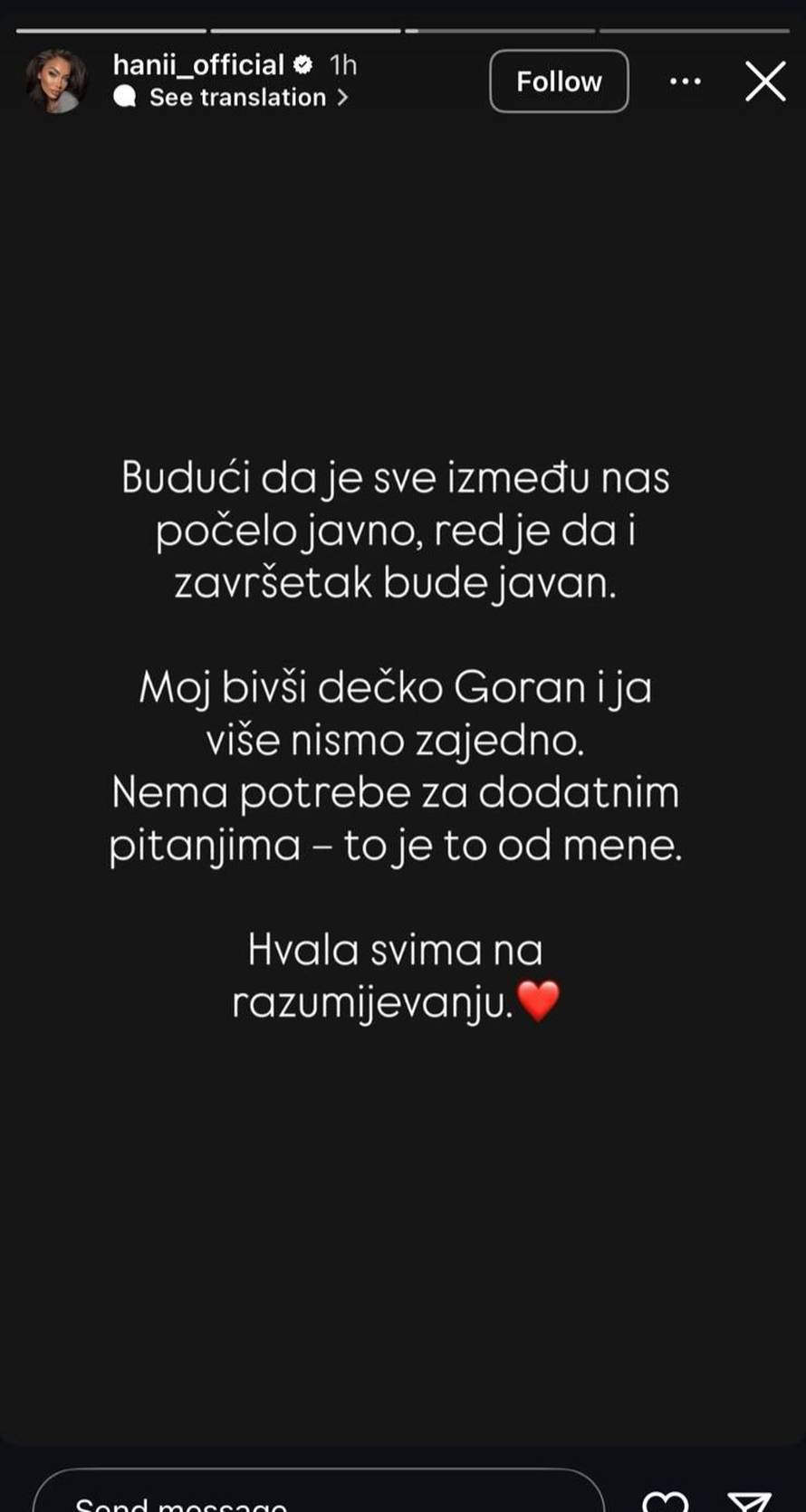 Hana potvrdila da je ljubavi došao kraj: 'Goran i ja nismo više zajedno, to je to od mene'