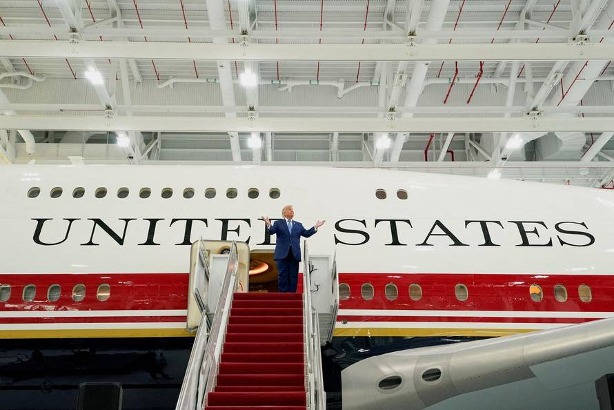 U.S. President Trump views the VC-25B aircraft gifted by Qatar and set to be used as Air Force One, at Joint Base Andrews