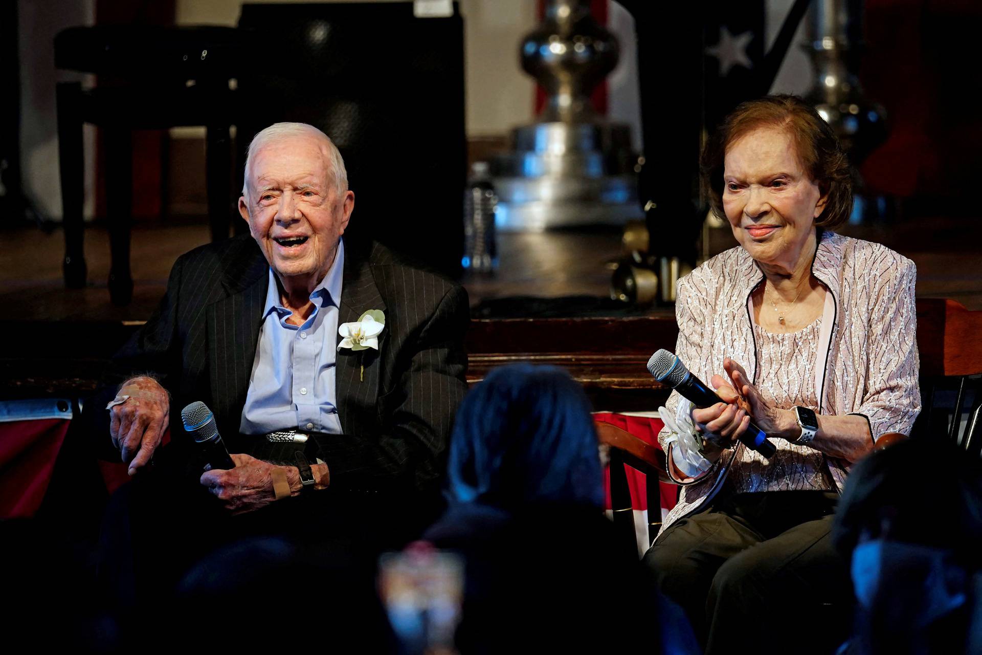 FILE PHOTO: Former U.S. President Jimmy Carter and his wife, former first lady Rosalynn Carter celebrate their 75th wedding anniversary in Plains, Georgia