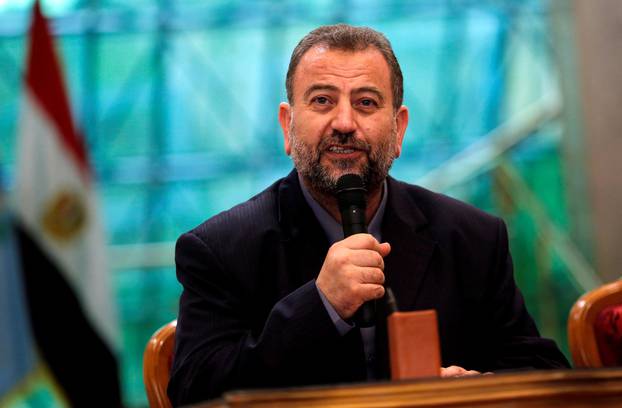 FILE PHOTO: Head of Hamas delegation Saleh al-Arouri speaks during a reconciliation deal signing ceremony in Cairo