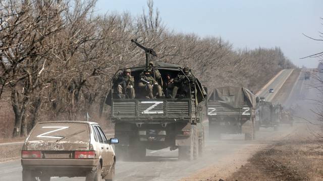 A view shows an armoured convoy of pro-Russian troops outside Volnovakha