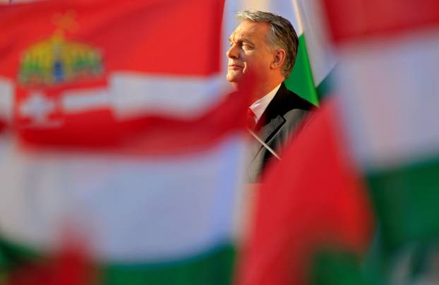 Hungarian Prime Minister Viktor Orban speaks during his campaign closing rally in Szekesfehervar