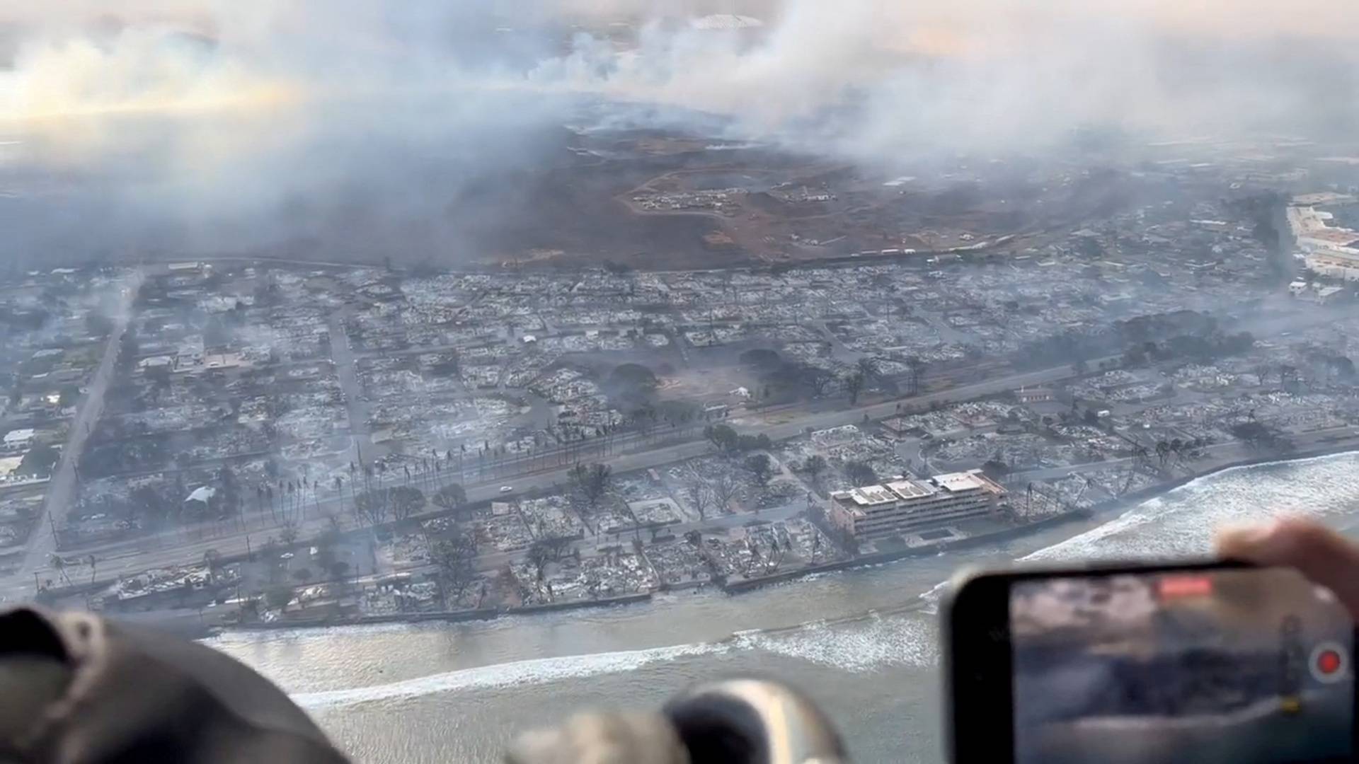 Aerial views of Lahaina coast in the aftermath of wildfires
