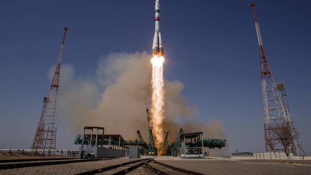 FILE PHOTO: Soyuz MS-18 spacecraft carrying ISS crew blasts off from the launchpad at the Baikonur Cosmodrome