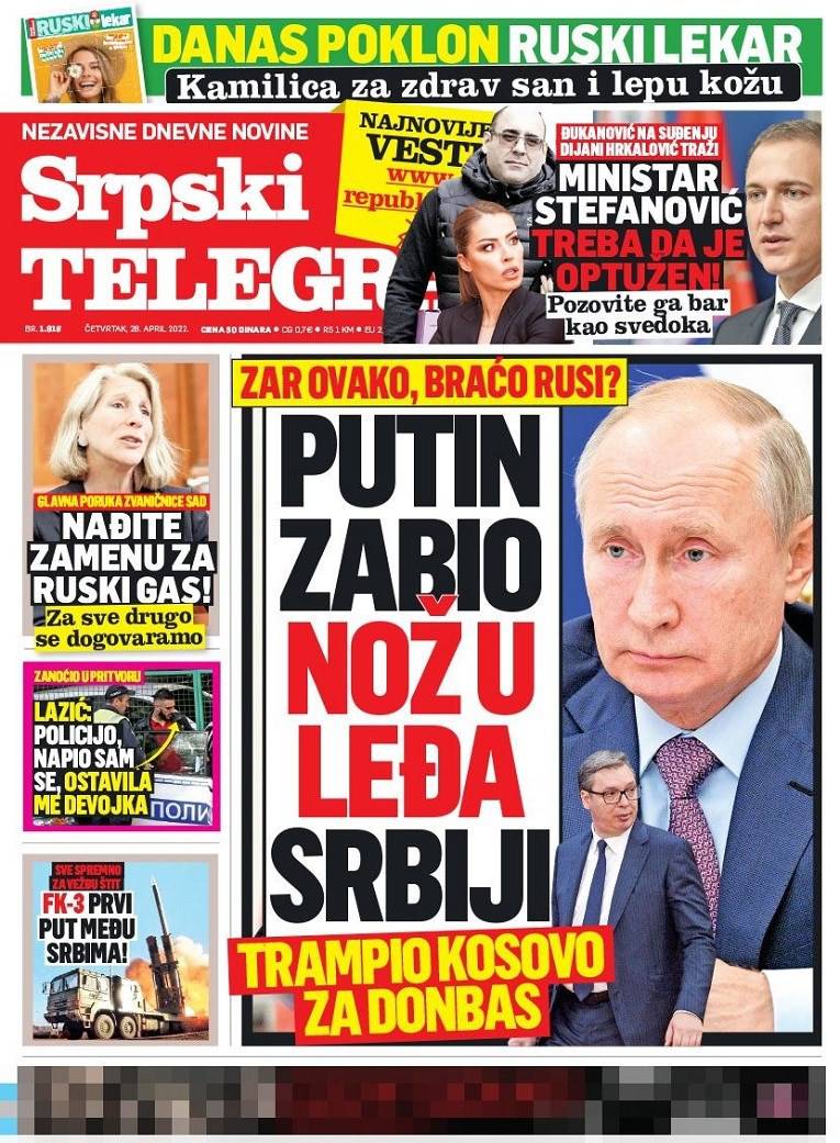 Vučićevi mediji žestoko napali Putina: 'Zabio je nož u leđa Srbiji, Putin igra na Kosovo'