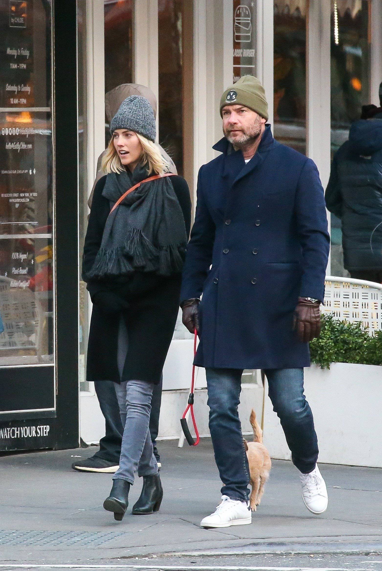 *EXCLUSIVE* Liev Schreiber and girlfriend Taylor Neisen take the dog for a walk in Soho