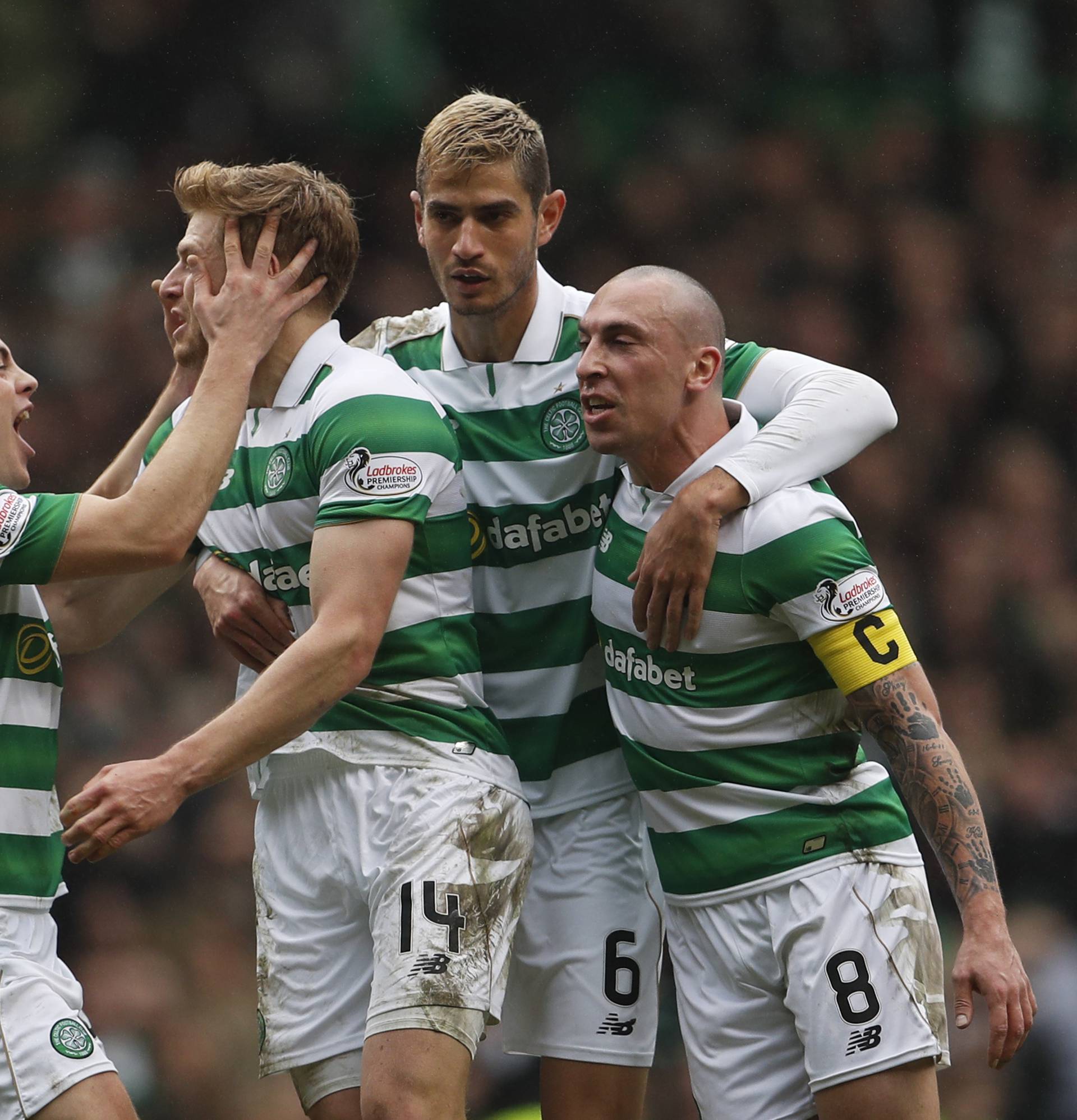 Celtic's Stuart Armstrong celebrates scoring their first goal with Scott Brown, James Forrest and Nir Bitton