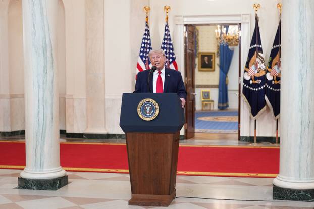 U.S. President Donald Trump delivers an address to the nation about the Iran war at the White House in Washington