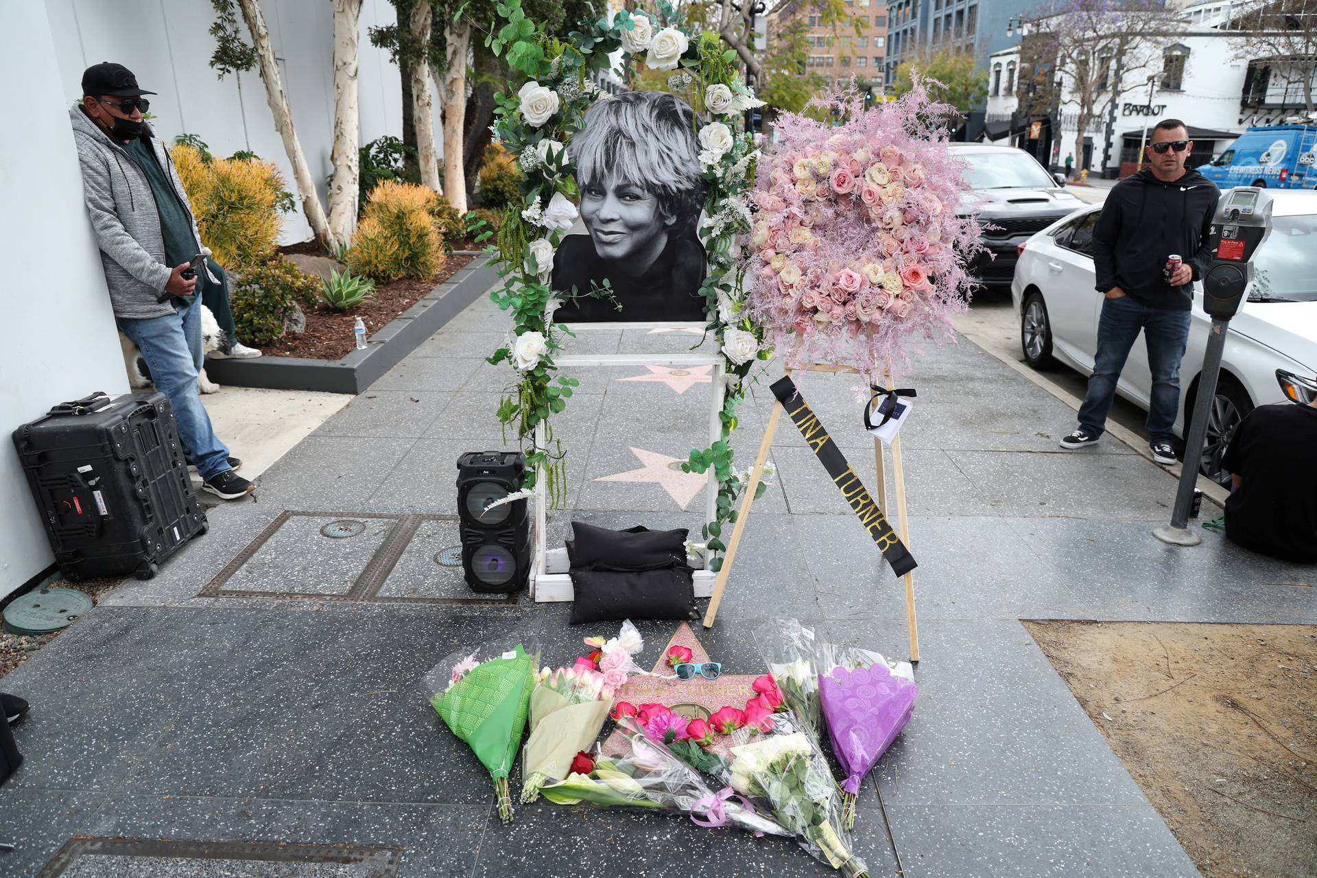 The star of late singer Tina Turner is adorned with flowers on the Hollywood Walk of Fame in Los Angeles