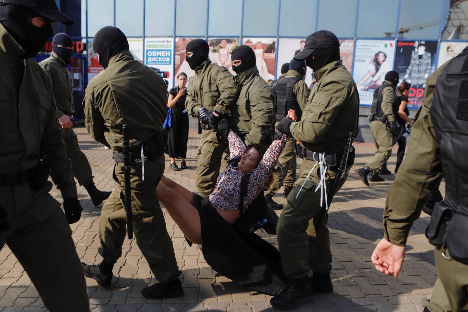 Belarusian opposition supporters hold a rally in Minsk