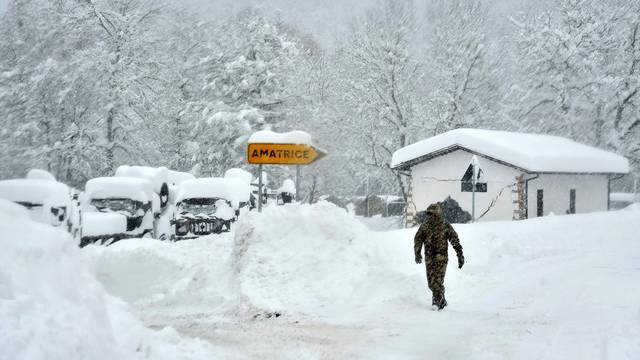 A soldier walks during a heavy snowfall in Amatrice, after a series of earthquakes hit the town and parts of central Italy