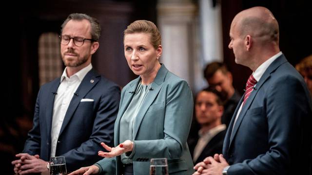Danish Prime Minister and the leader of the Social Democrats, Mette Frederiksen, chairman of Denmark's Liberal Party, Jakob Ellemann-Jensen, and chairman of Conservative People's Party, Soren Pape Poulasen, attend a debate of candidates for Prime Minister
