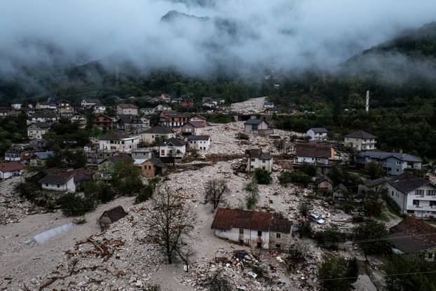 A drone view shows a flooded residential area in Donja Jablanica