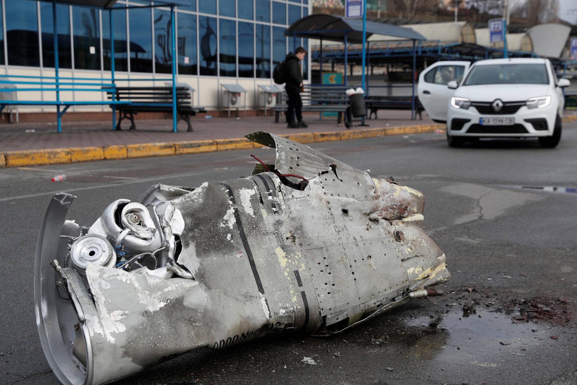 A view shows the remains of a missile at a bus terminal in Kyiv