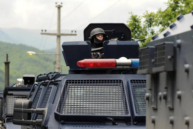Kosovo police secure the area near of Zubin Potok