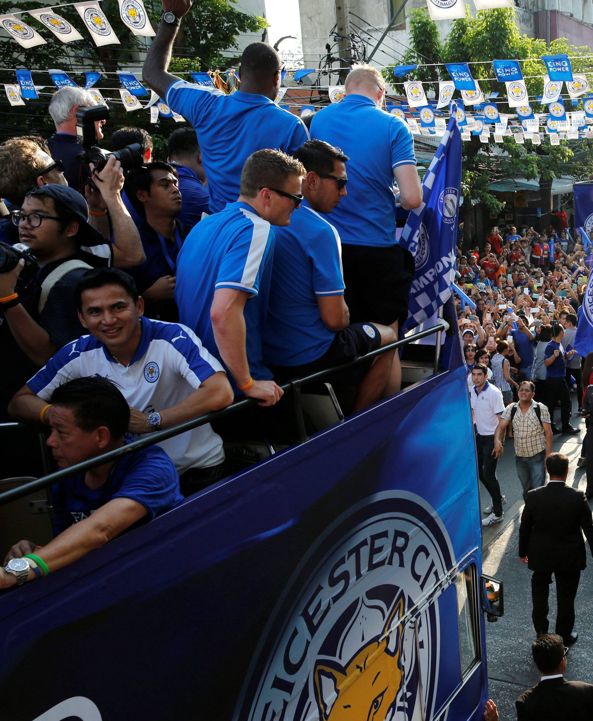 Leicester City soccer club's team is seen during a parade to celebrate club's English Premier League title in Bangkok