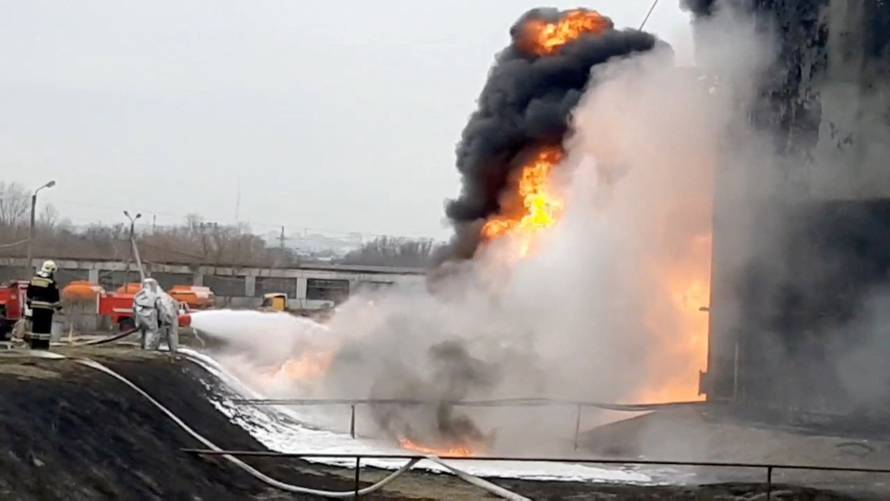 A still image shows a fuel depot on fire in Belgorod