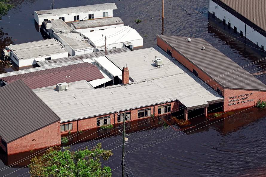Building sits in floodwater caused by Hurricane Florence in Lumberton