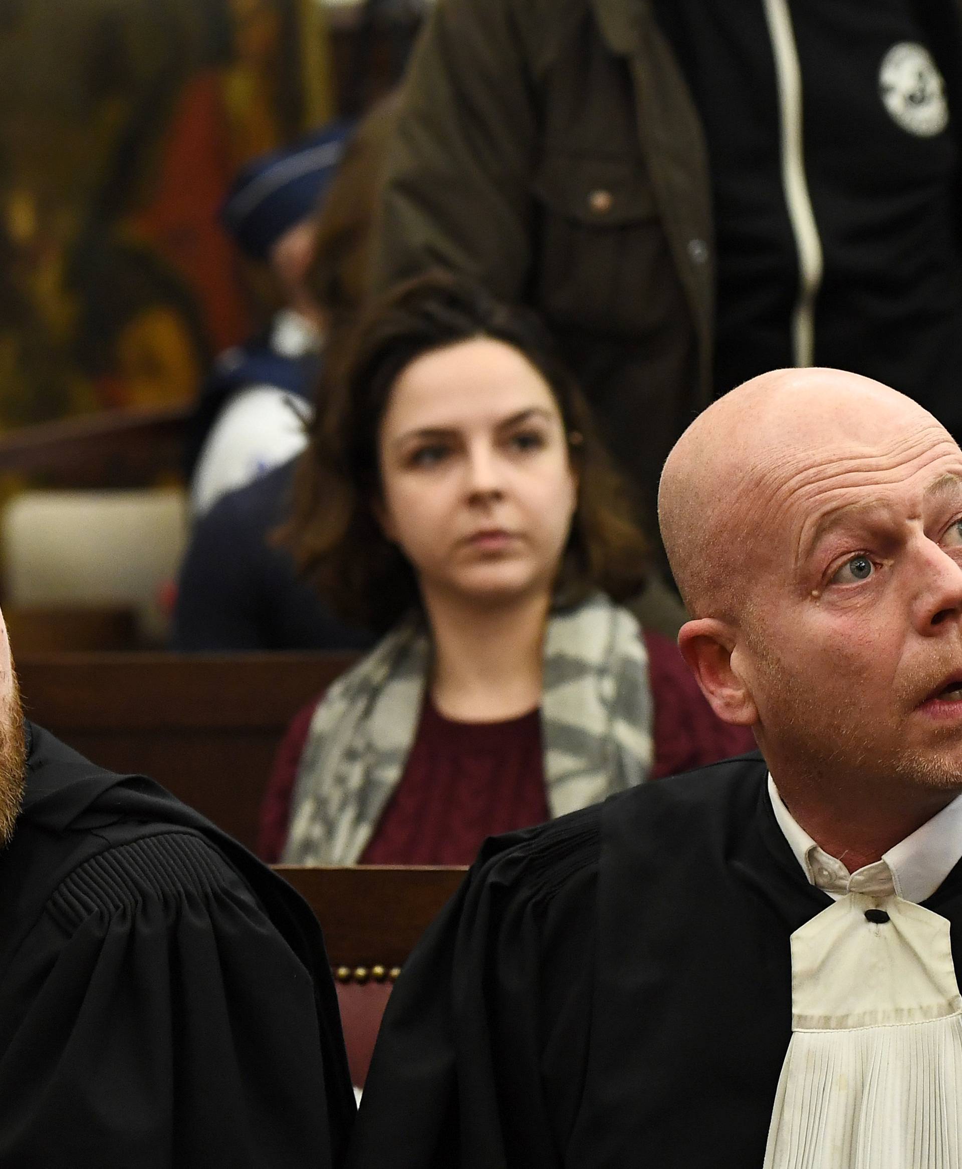 Belgian lawyers representing Paris attacks suspect Salah Abdeslam Mary and Delcoigne look on in the courtroom prior to the opening of the trial of Salah Abdeslam in Brussels
