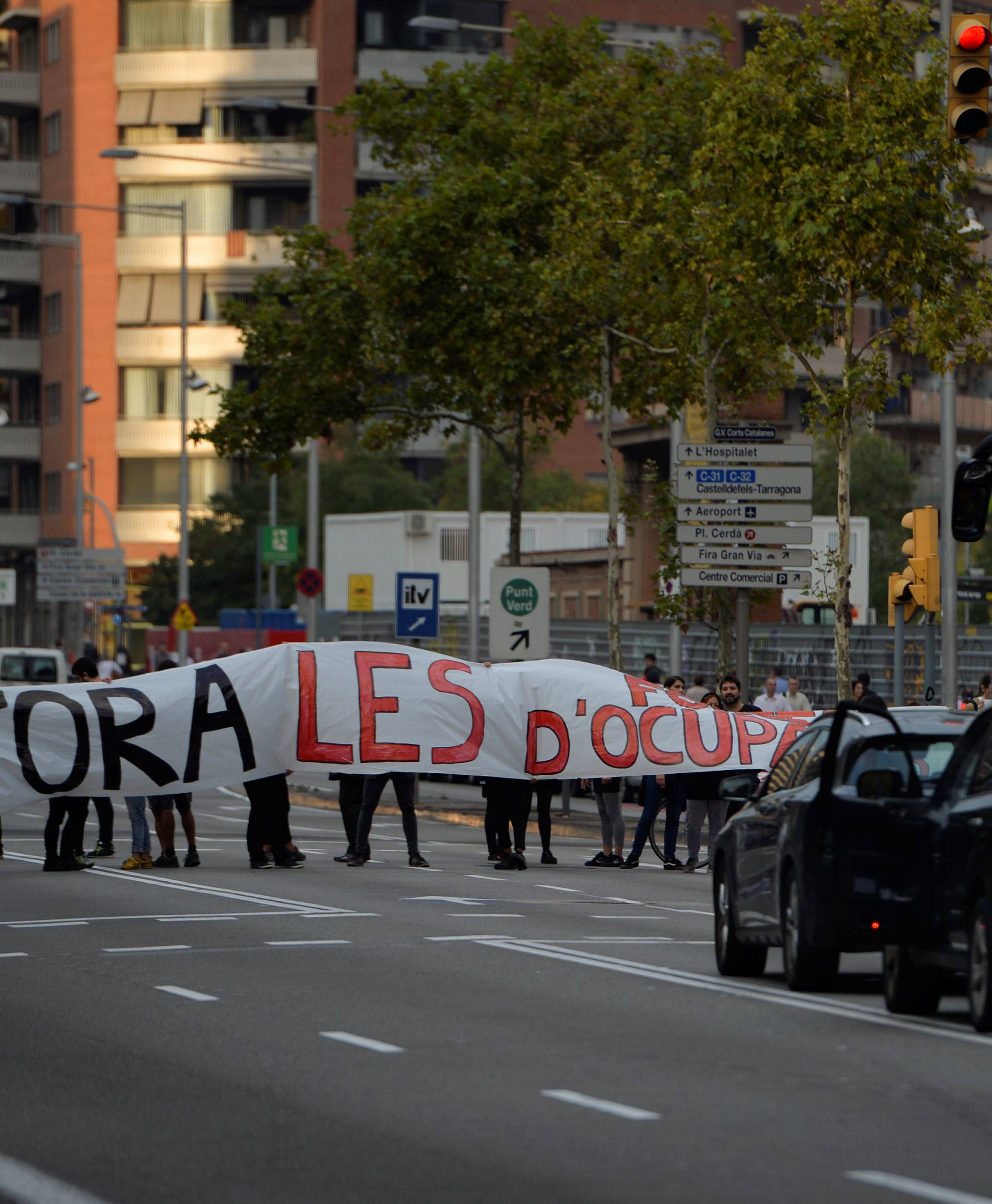 Picketers block Gran Via street during a general strike called by pro-independence parties and unions in Barcelona