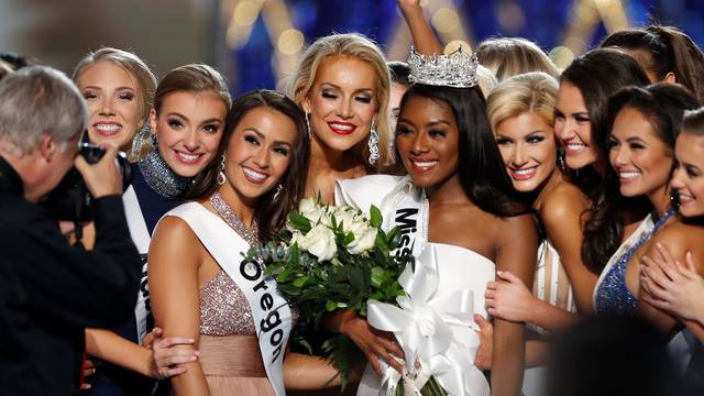 Miss New York Nia Imani Franklin poses for a photo after she won Miss America on stage in Atlantic City