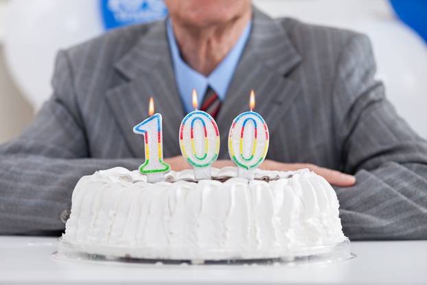 Birthday,Cake,With,Lit,Candles,For,A,Century,,One,Hundredth