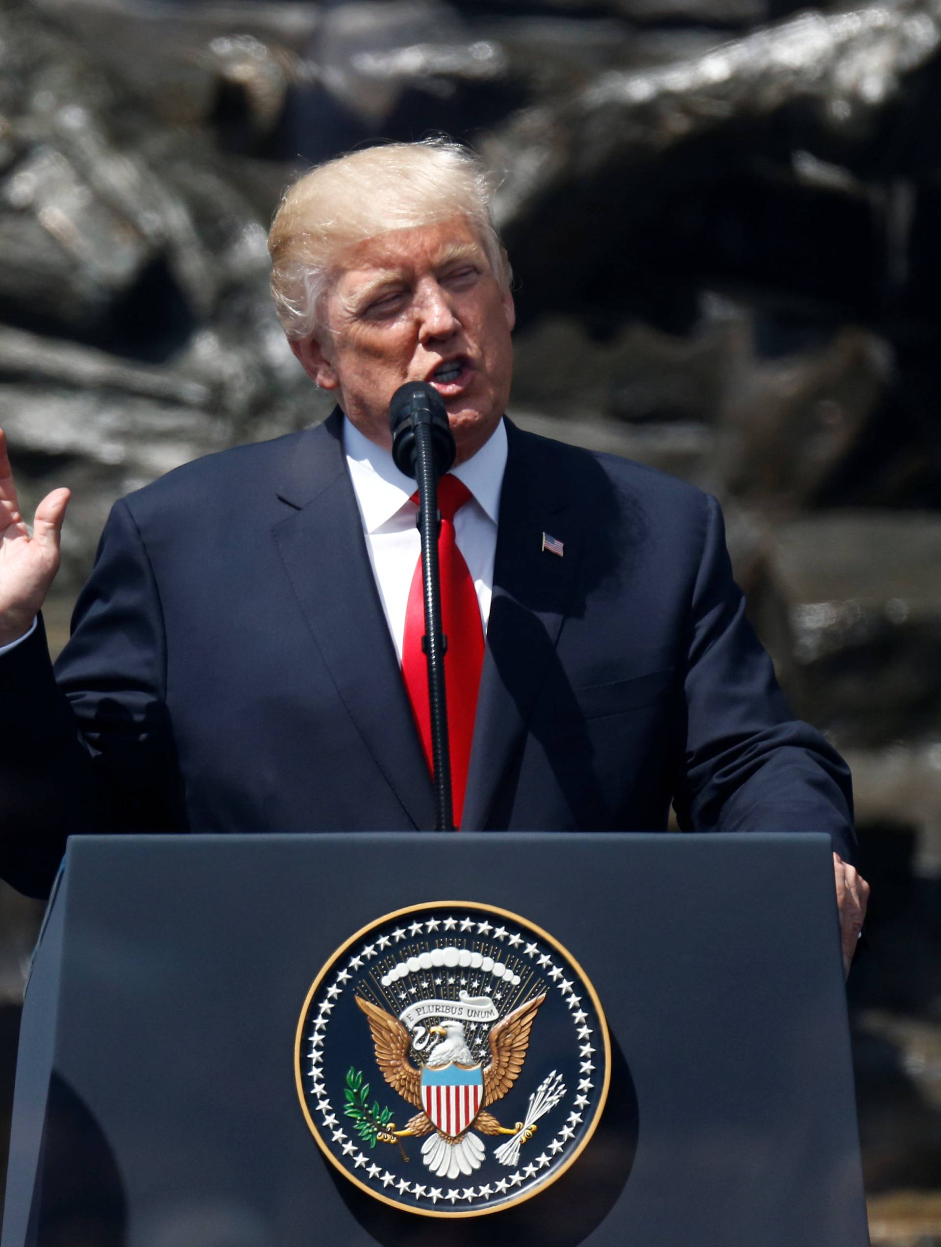 U.S. President Donald Trump gives a public speech in front of the Warsaw Uprising Monument at Krasinski Square, in Warsaw, Poland
