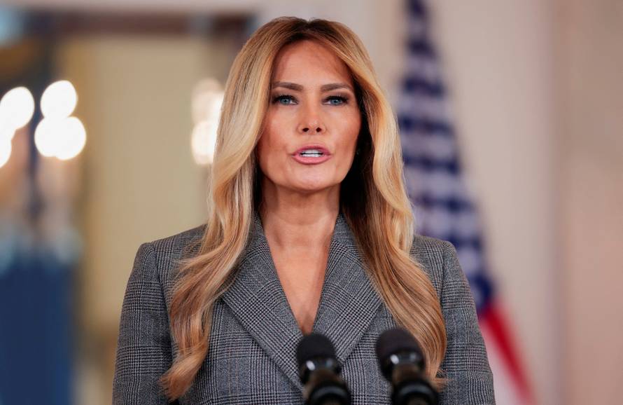 U.S. first lady Melania Trump delivers remarks regarding the late financier and convicted sex offender Jeffrey Epstein