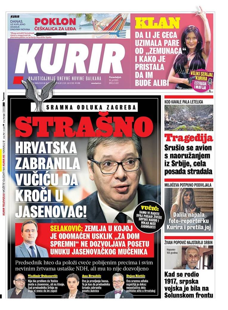 Pogledajte srpske naslovnice nakon što je Hrvatska odbila da Vučić privatno dođe u Jasenovac