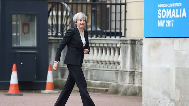 Britain's Prime Minister Theresa May arrives at Lancaster House to attend the 2017 Somalia Conference in London