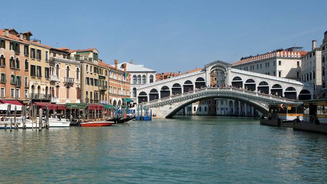 The Rialto Bridge is seen in Venice