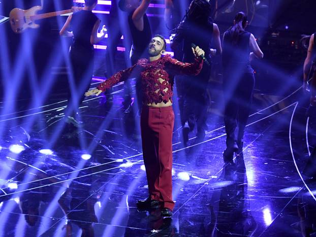 Sanremo, 74th Italian Song Festival, First Evening. Marco Mengoni and the guests on stage