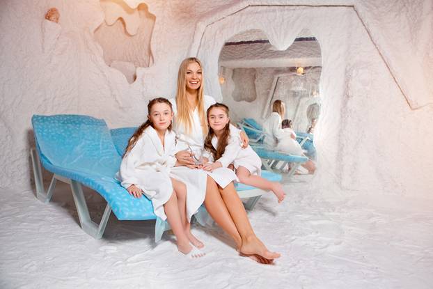 Mother,With,Two,Children,In,Salt,Room.,Halotherapy,For,Treatment