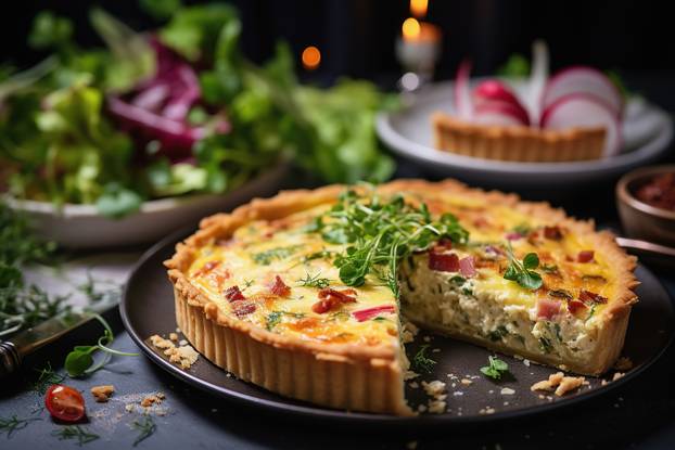 Quiche Lorraine with crispy bacon and fresh herbs
