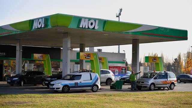 FILE PHOTO: Cars are stationed at a gas station of Hungarian oil company MOL