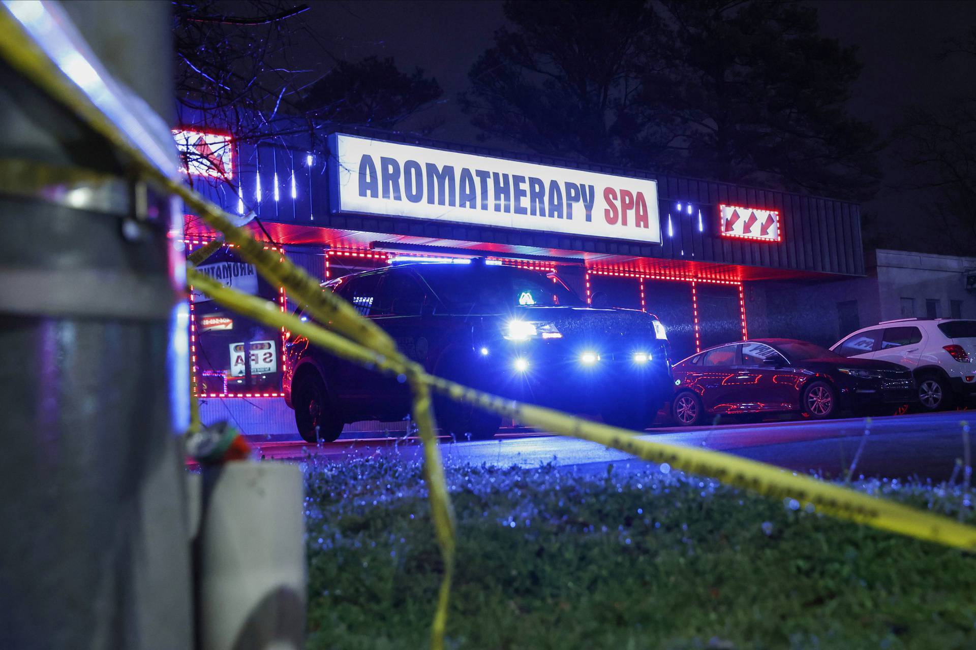 Crime scene tape is seen outside Aromatherapy Spa after shootings at a massage parlor and two day spas in the Atlanta area, in Georgia