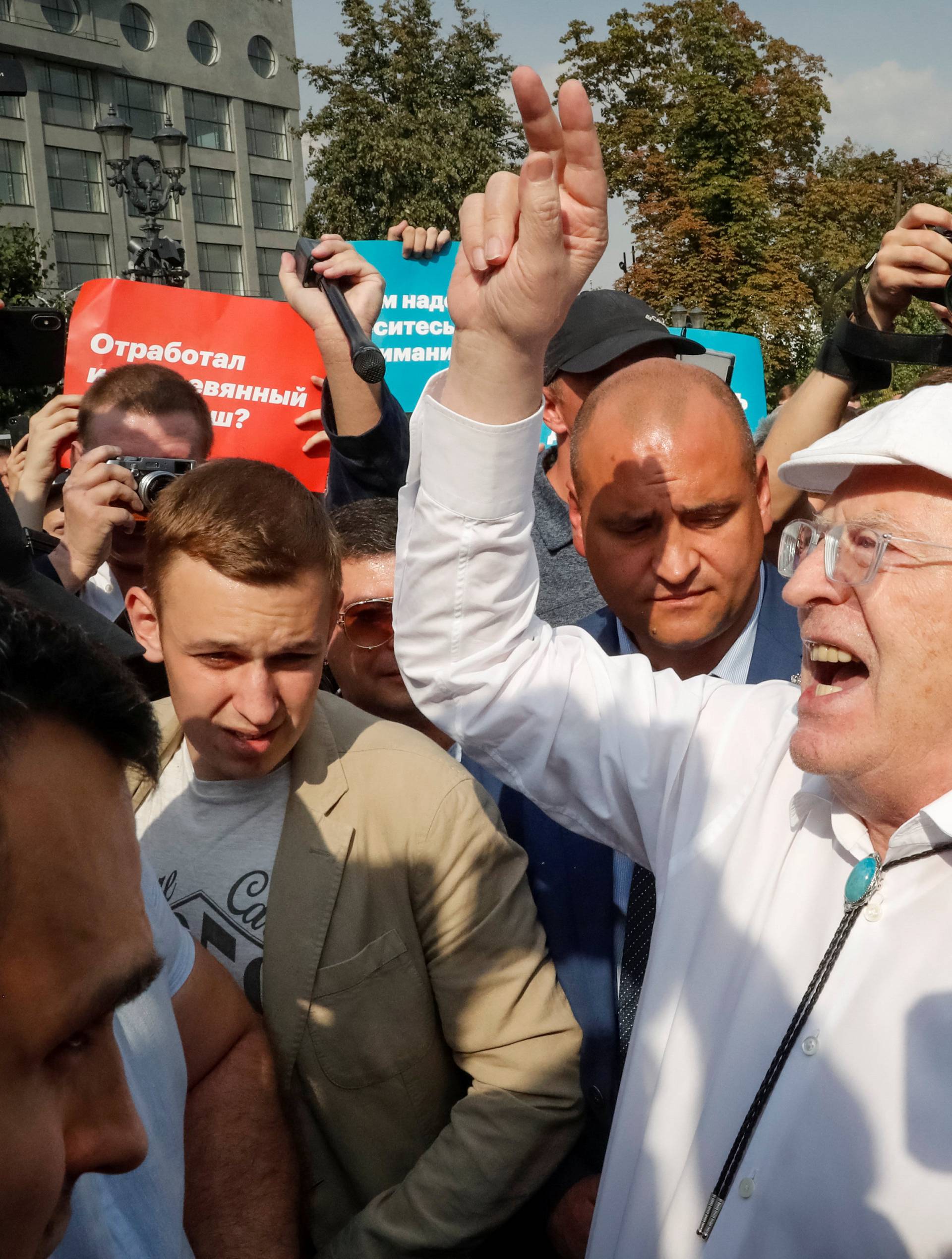 Vladimir Zhirinovsky, leader of the Liberal Democratic Party of Russia (LDPR), gestures during a rally against planned increases to the nationwide pension age in Moscow