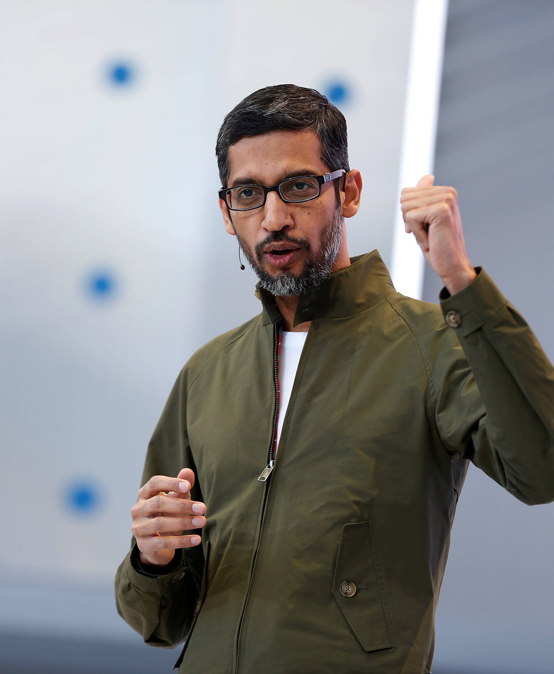 FILE PHOTO: Google CEO Sundar Pichai speaks on stage during the annual Google I/O developers conference in Mountain View