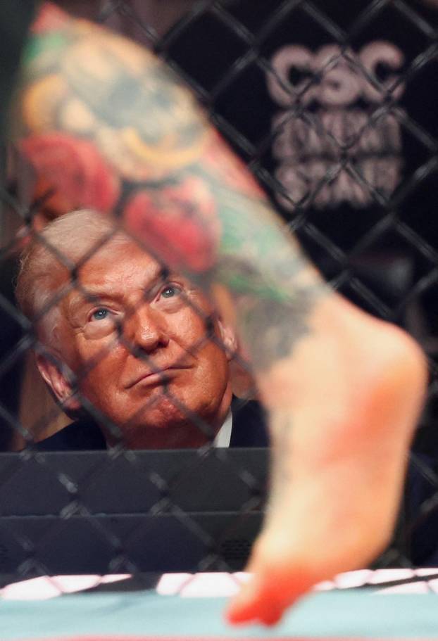 U.S. President Donald Trump attends the UFC 327 event at Kaseya Center in Miami