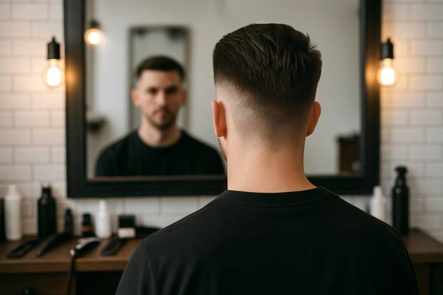 Man with fresh haircut observing new style in mirror at modern barbershop. concept of grooming, hairstyling, personal care.