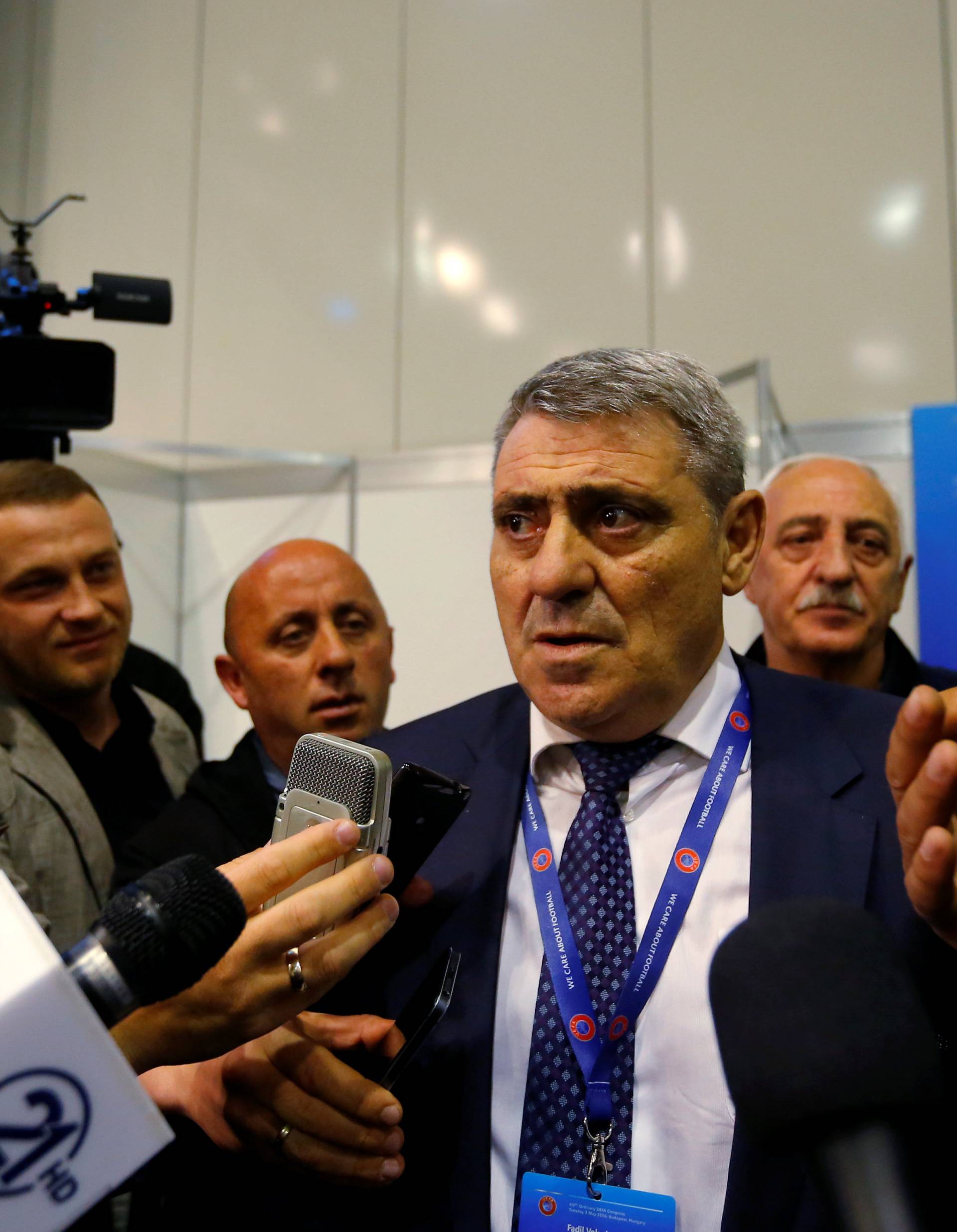 Representative of the Kosovo Soccer Federation Fadil Vokrri speaks to the media after UEFA admitted Kosovo as its newest member during the 40th Ordinary UEFA Congress in Budapest
