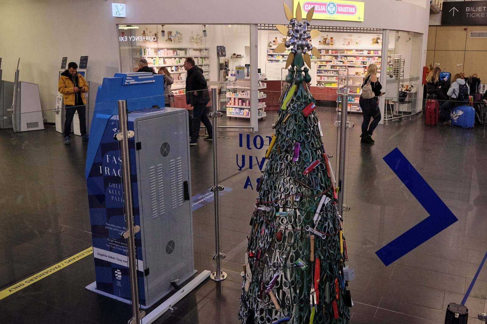 A Christmas tree made from the items that were taken away from passengers during security screening in Vilnius airport