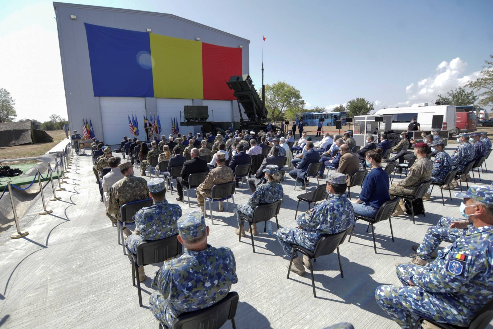 Romanian PM Ludovic Orban delivers a speech during an event that marked the delivery of the first Patriot surface-to-air missile systems to Romanian Army