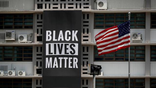 FILE PHOTO: A huge Black Lives Matter banner is seen at the U.S. embassy in Seoul