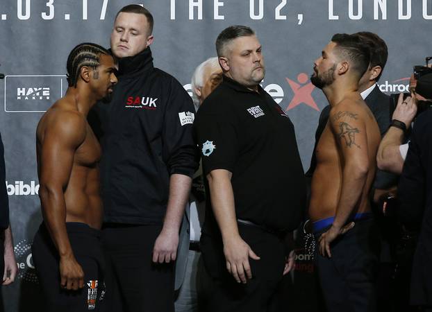 David Haye and Tony Bellew during the weigh-in