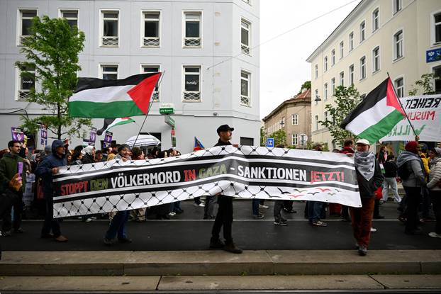 People attend a protest against Israel's participation in the Eurovision Song Contest