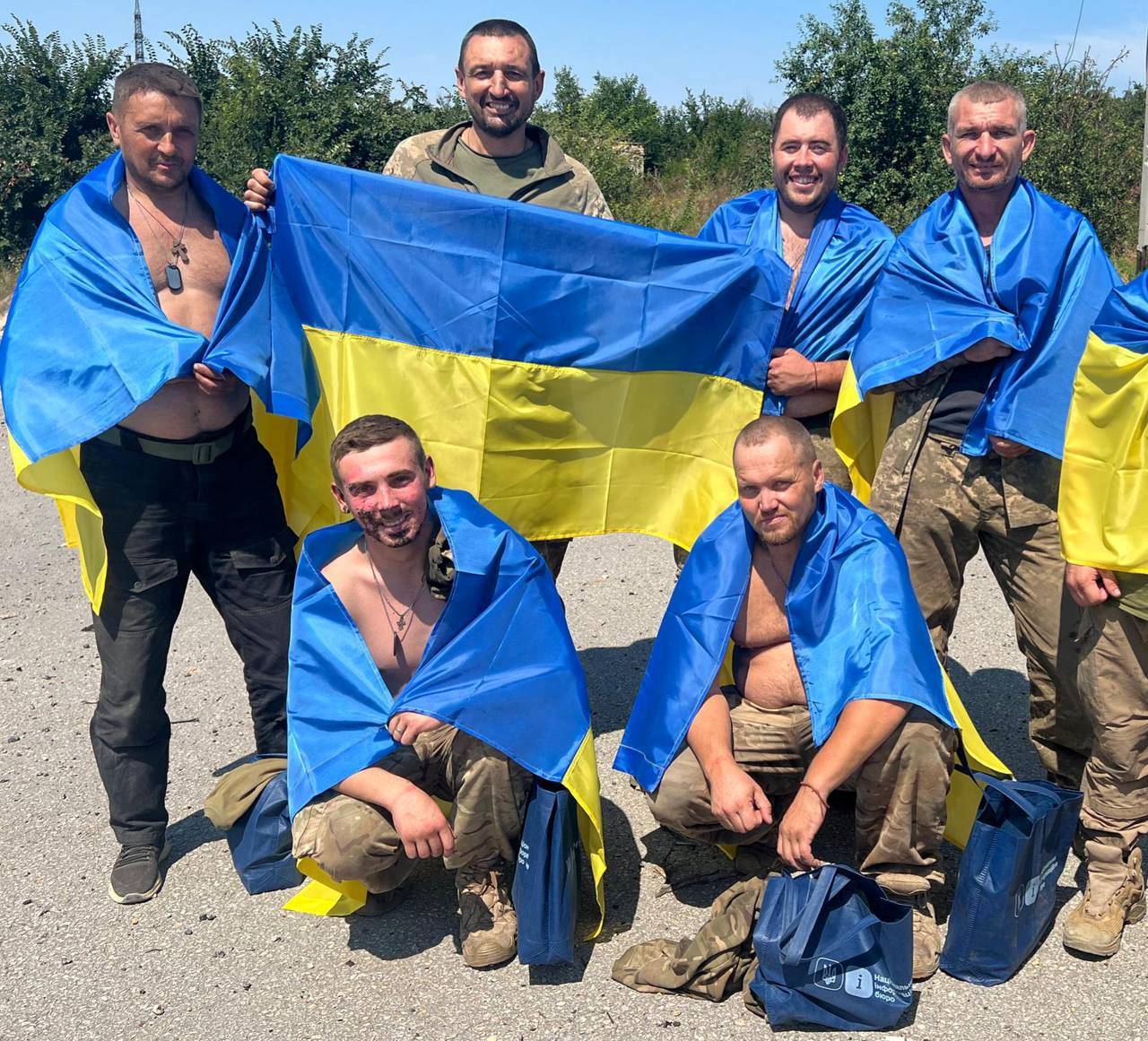 Ukrainian prisoners of war (POWs) pose for a picture after a swap at an unknown location in Ukraine