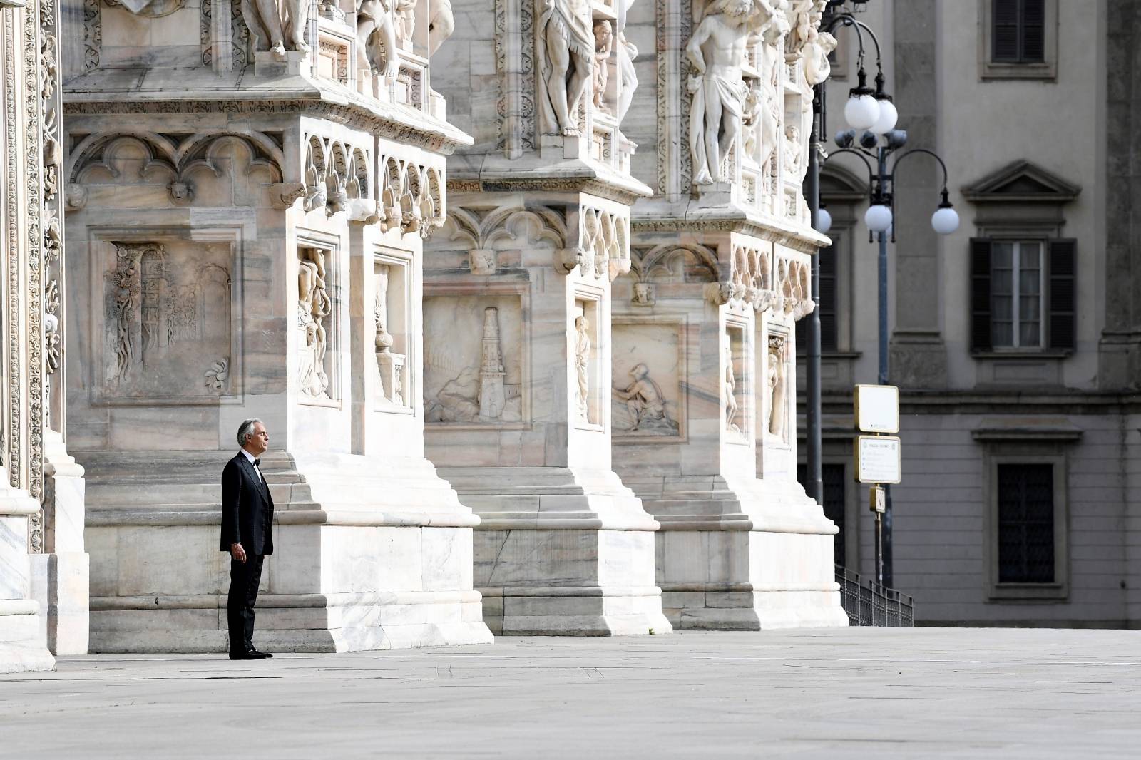 Opera singer Andrea Bocelli rehearses in an empty Duomo Cathedral in Milan