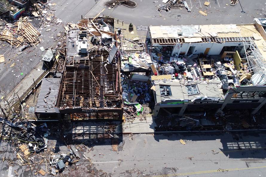 Damage is seen in an aerial picture after a tornado touched down in eastern Nashville